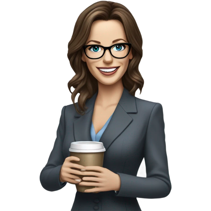 Hyper Realistic Kate Beckinsale blue eyes wearing glasses in a business dress drinking coffee happy  emoji