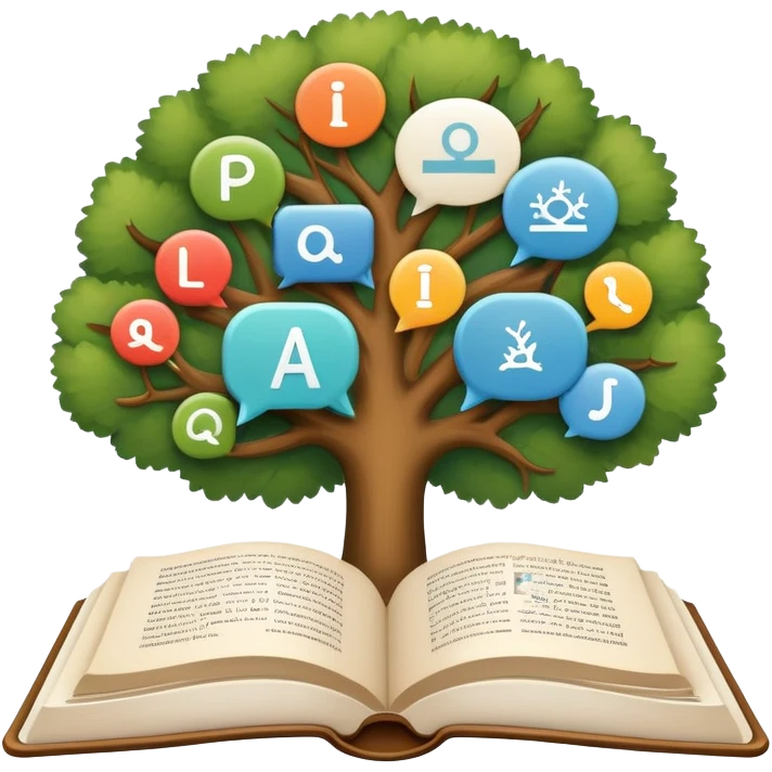 An icon featuring an open book, a speech bubble, and a linguistic tree, symbolizing philology and linguistics. The design includes alphabets, language symbols, and a magnifying glass, representing the study of language, structure, and meaning. Transparent background emoji