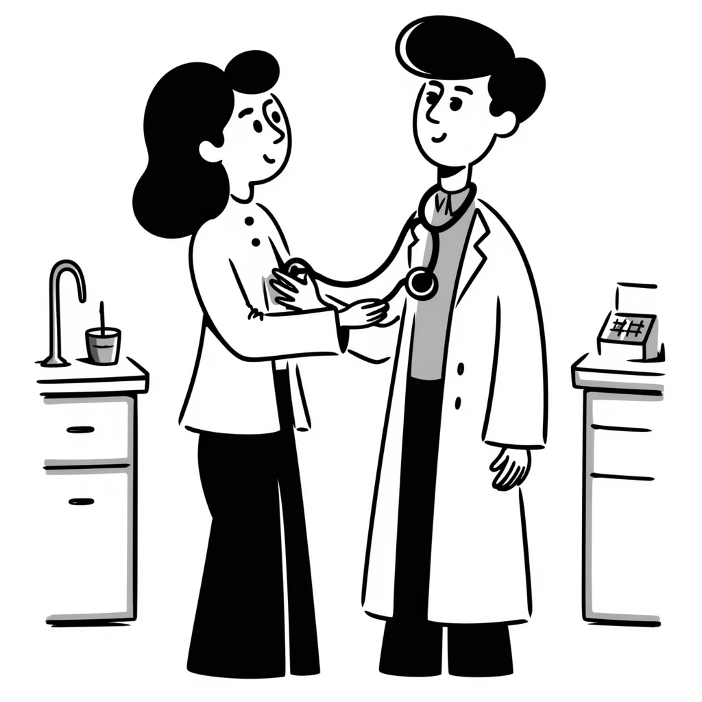Detailed drawing of physician using stethoscope on patient's chest during cancer screening assessment emoji