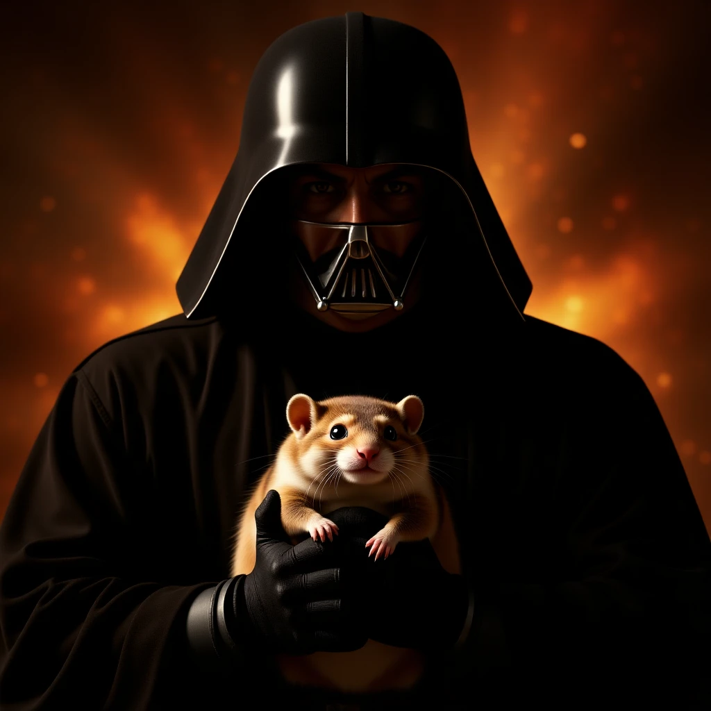 Cinematic still, Extreme Closeup Photo of a darth vader holding big hamster, low key light, explosion startship background with leading lines, back light, spot light emoji