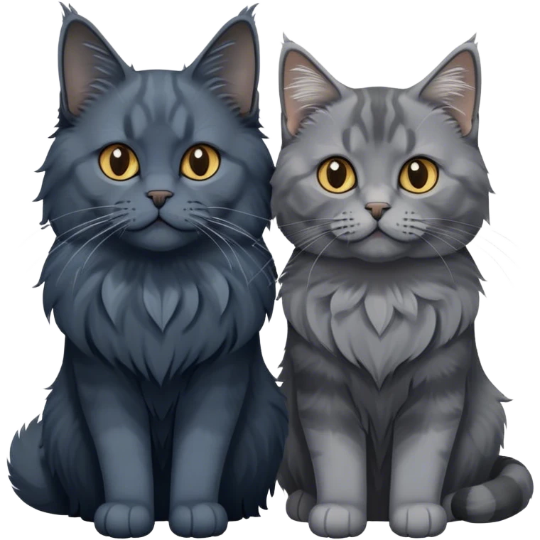 Portrait of a black smoke Maine Coon cat with long grey ear tufts, alongside a British Shorthair cat with a solid blue coat. Both cats with detailed fur textures and playful expressions. Soft, elegant background with warm, natural tones. Transparent background. emoji
