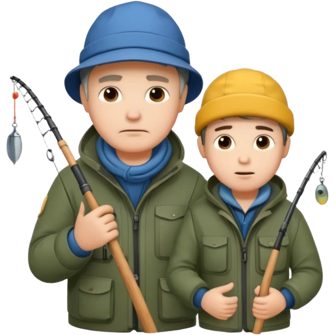 Father and son in fishing gear gesturing that they are cold emoji