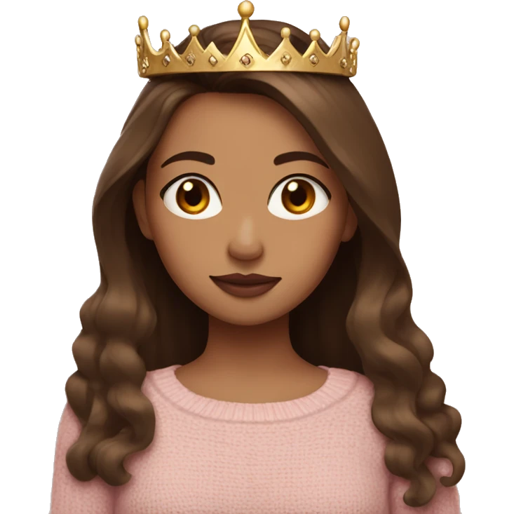 Female, fair skin, straight long brown hair, wearing a crown, baby pink lipstick, wearing a brown sweater emoji