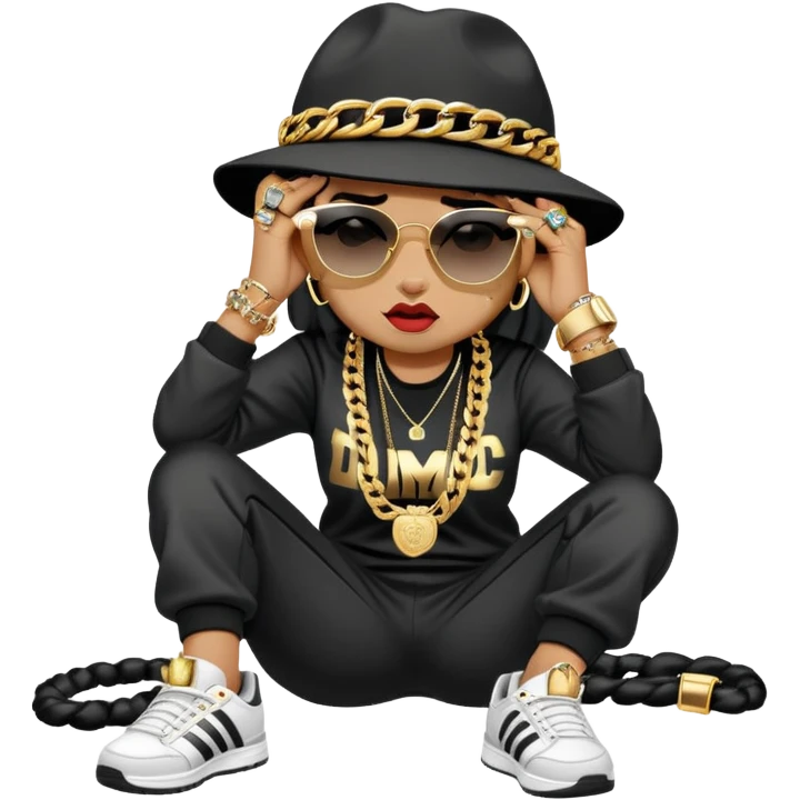 female cat wearing Run DMC hip-hop outfit with tracksuit, fedora, Adidas sneakers, dark sunglasses, many gold chains, rings, bracelets, flashy earrings, lying on the ground in distress, crying emoji