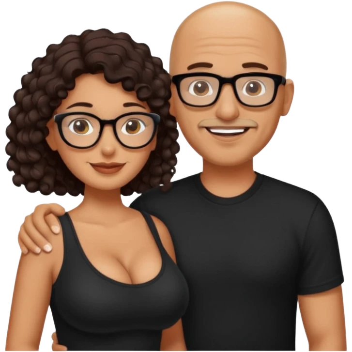 A picture of a happy tanned couple. the man is a Mexican man with tanned skin, a bald hair cut, short beard and wearing a black shirt. the woman is wearing glasses, with long curly dark brown hair and with big boobs  emoji