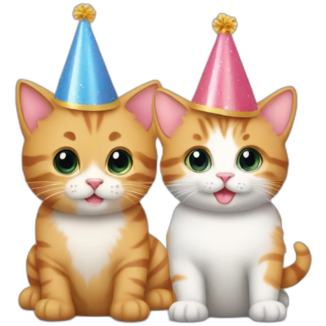 kitten and cat wearing birthday hats emoji