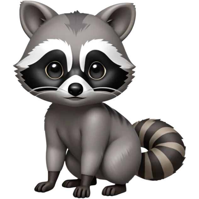 Cinematic-cute Raccoon-Realistic-hunched Full-Body on all fours-Emoji – Tail flicking lazily, head tilted dramatically, thick grey fur with a signature black mask, sharp and alert ears, simplified yet realistic focused features, highly detailed, glowing with an almost sarcastic glow big black eyes realistic body emoji