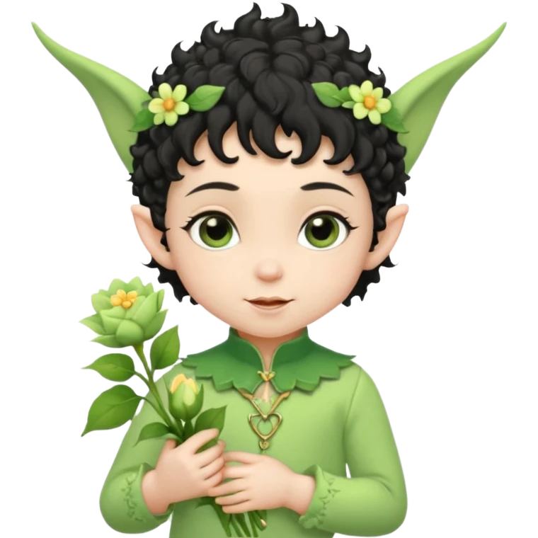 Tiny elf baby black curly hair with pointy ears and hat, pastel green outfit, hold flowers emoji