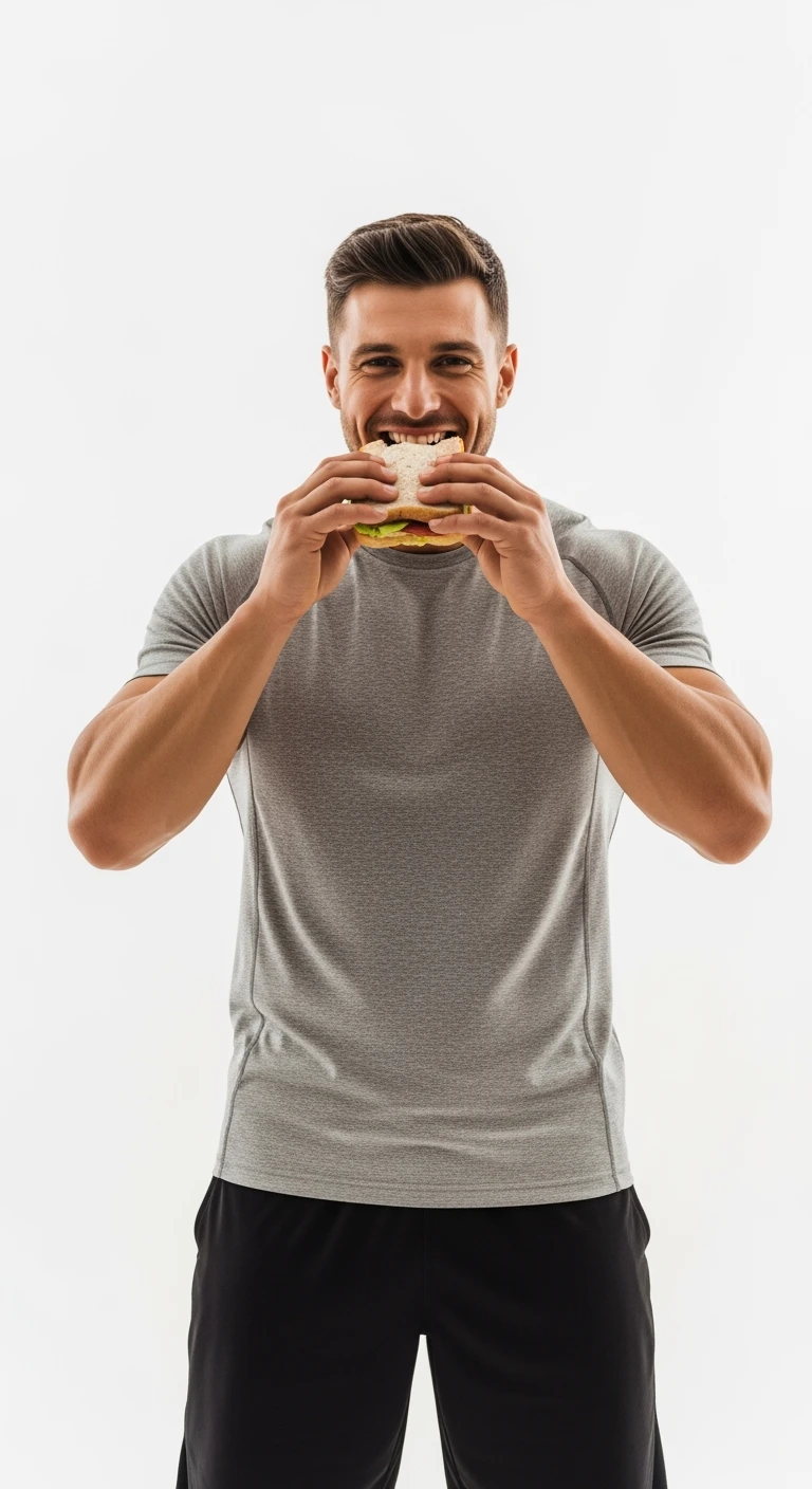 uomo fitness felice con che mangia un panino, sfondo bianco emoji