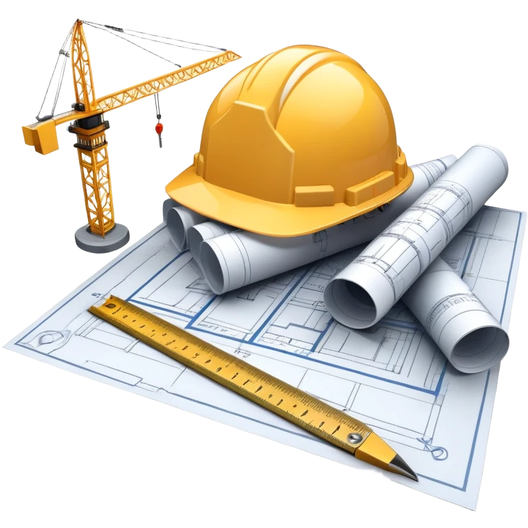 An icon featuring blueprints, a compass, and a construction helmet, symbolizing architecture and construction. The design includes building structures, cranes, and a ruler, representing the design and creation of buildings and urban planning. Transparent background. emoji