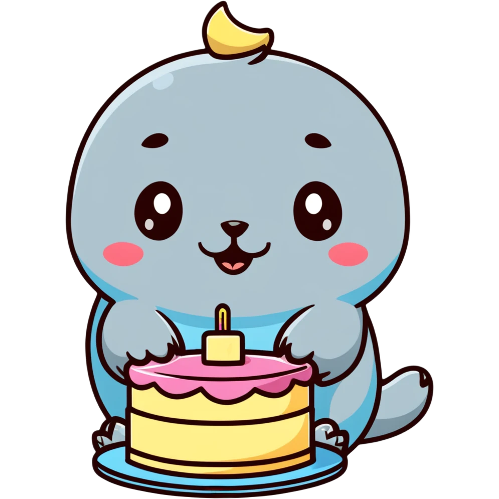 cutie baby seal balancing cake on head with laughing face emoji