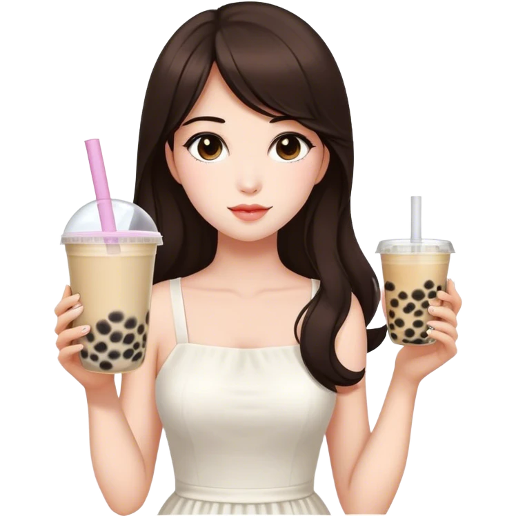 Beautiful woman in 1965’s woman fashion look, white dress, long dark brown hair, bubble tea emoji