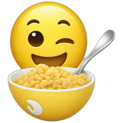 Silly yellow emoji happily eating cereal emoji