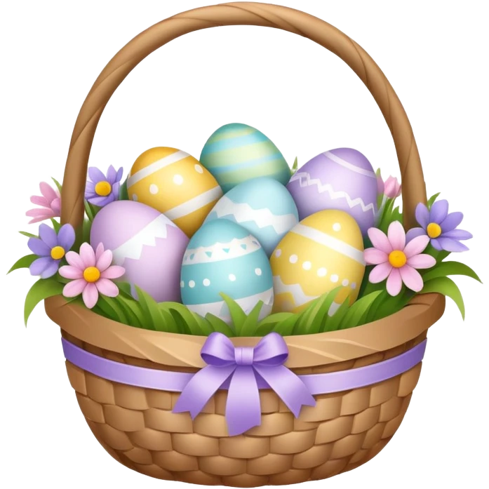 Easter basket filled with decorated eggs and spring flowers emoji