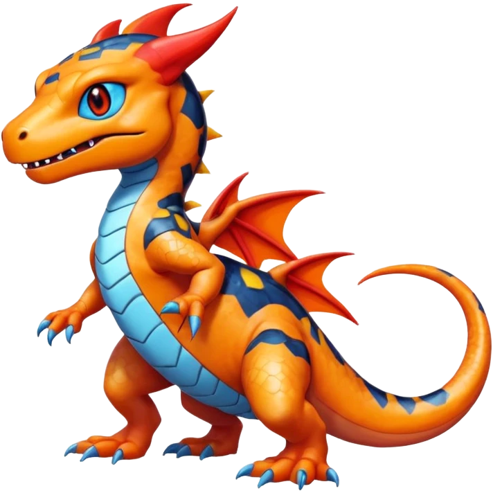 cute shiny colorful Guilmon-Salandit hybrid creature with a playful pose, full body emoji