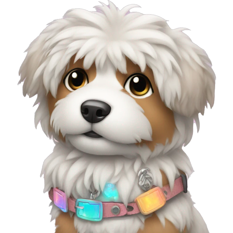 Fluffy dog with tattoos and holographic harness emoji