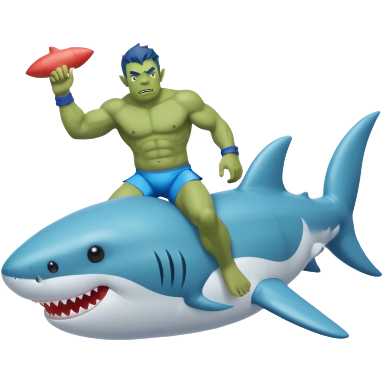An orc male on an inflatable circle in the form of a shark emoji