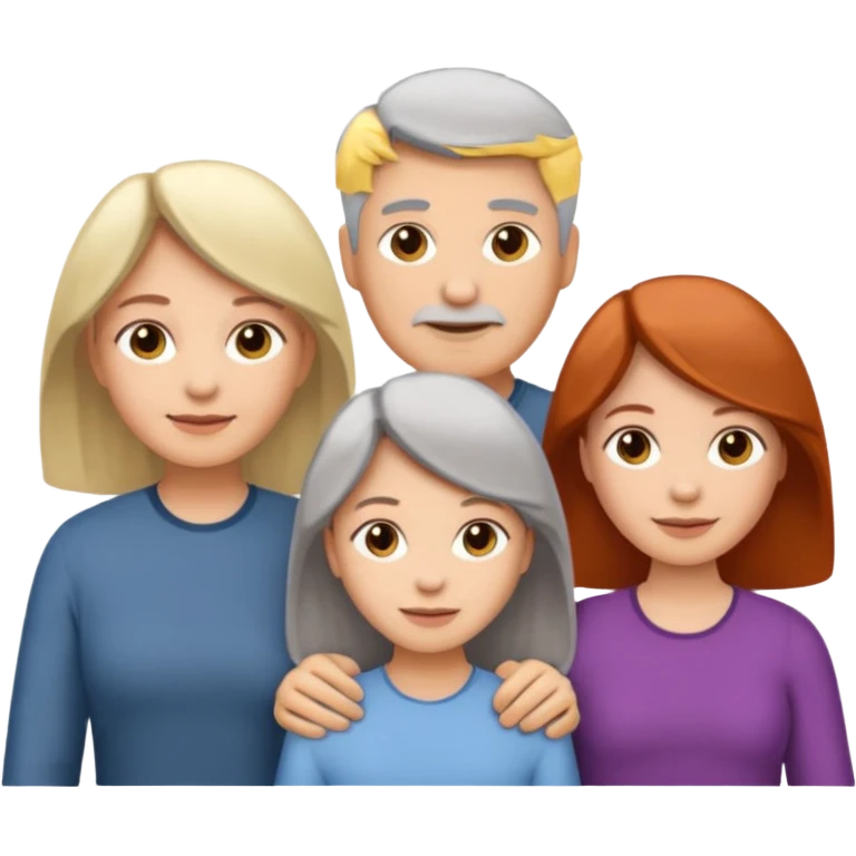 Family emoji showing a family of five. Father has grey hair, mother has mixed grey/brown hair, three daughters with blonde, brunette and redhead hair colors. emoji