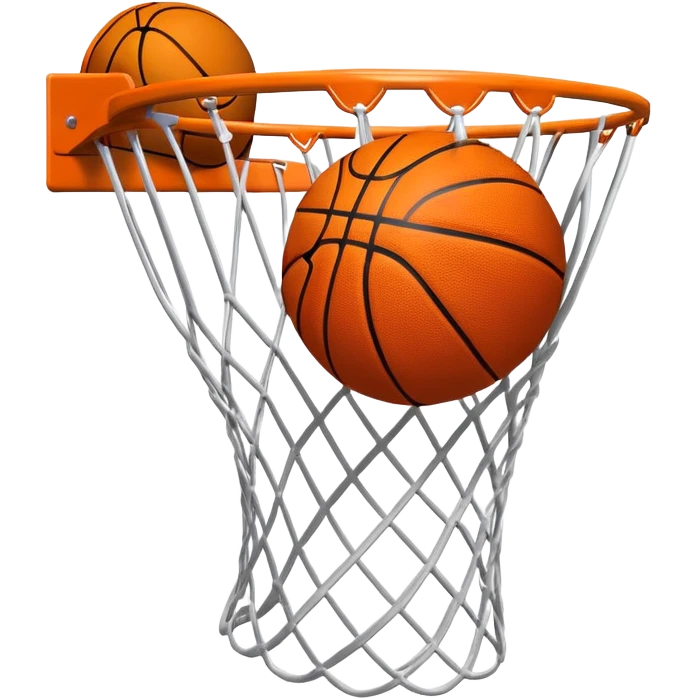 A close-up of a basketball shield and hoop with the ball swishing through the net, captured mid-air. The background emphasizes the tension and excitement of the moment, with the rim and net in sharp focus, showcasing the precision and skill of the sport. emoji