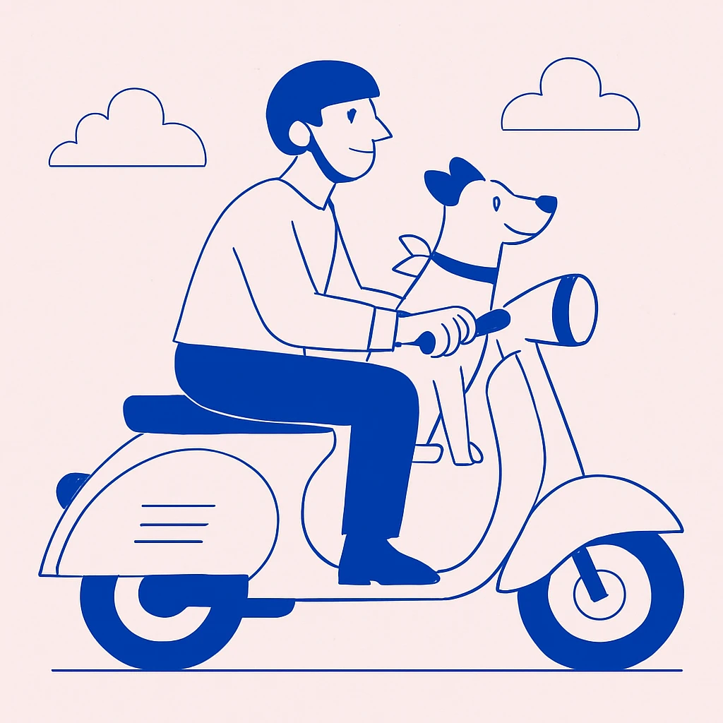 man and his pet dog riding a Vespa emoji