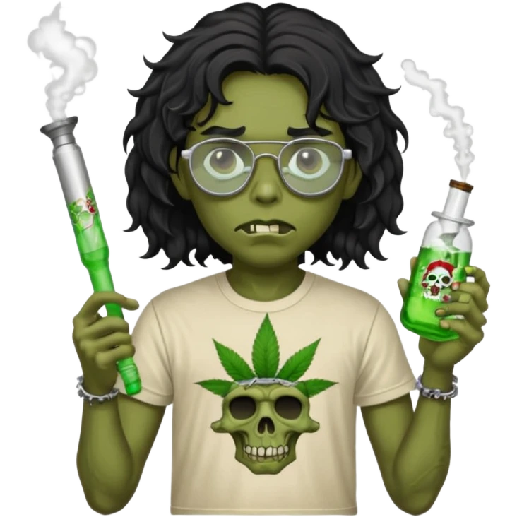 black wavy haired zombie getting stoned with weed t shirt and bong on his hand and wearing chrome hearts glasses emoji
