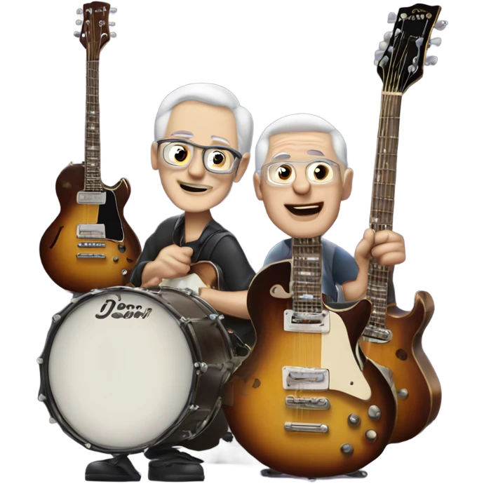 Three older white musicians jamming. one on a Gibson guitar, one on a Fender bass and one on drums emoji