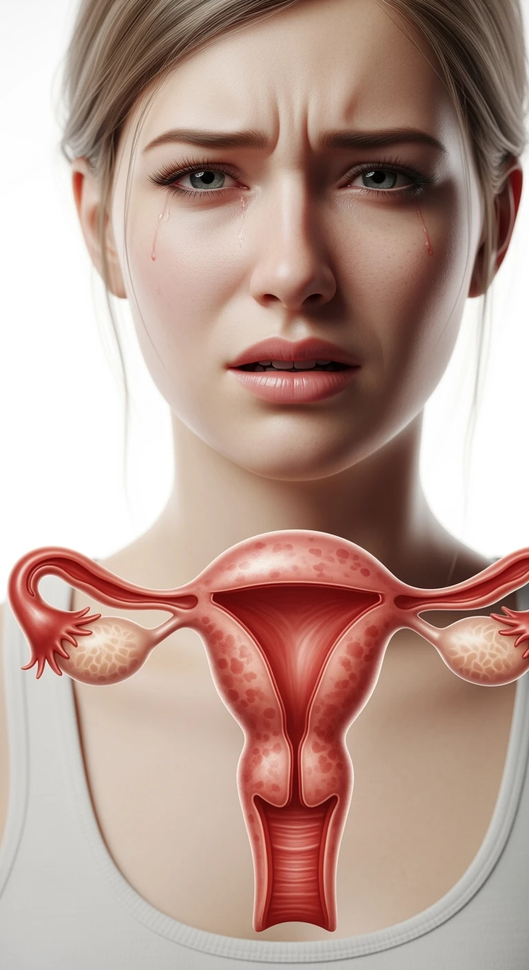 donna con utero umano realistico in evidenza dolorante, espressione di dolore in volto, sfondo bianco, non farla computerizzata, ma iperrealistica 4k emoji