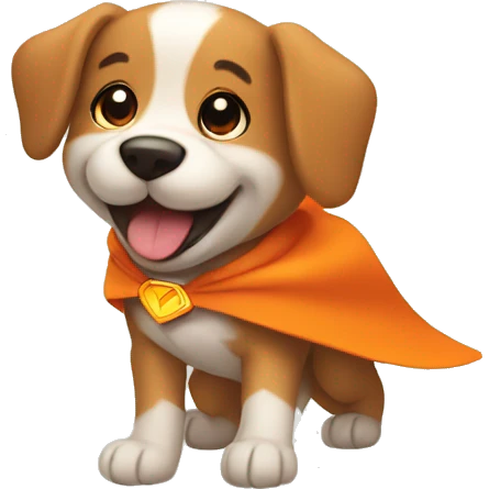 Superhero puppy that is smiling and flying with orange cape emoji