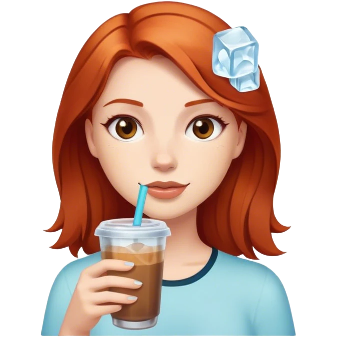 redhead girl with brown eyes and a ice coffee with ices  emoji