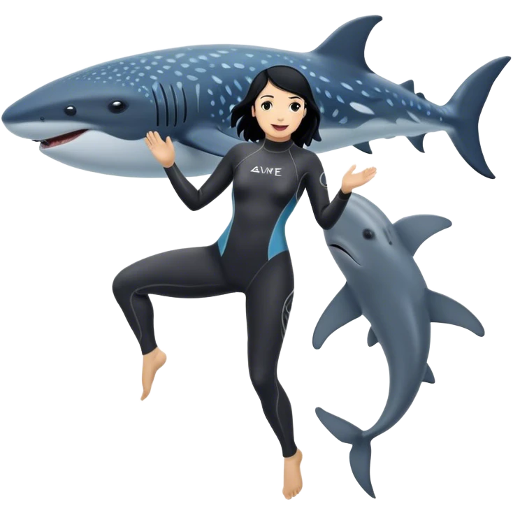 One was wearing a save ocean silver wetsuit
Black haired female diver dances with whale sharks emoji