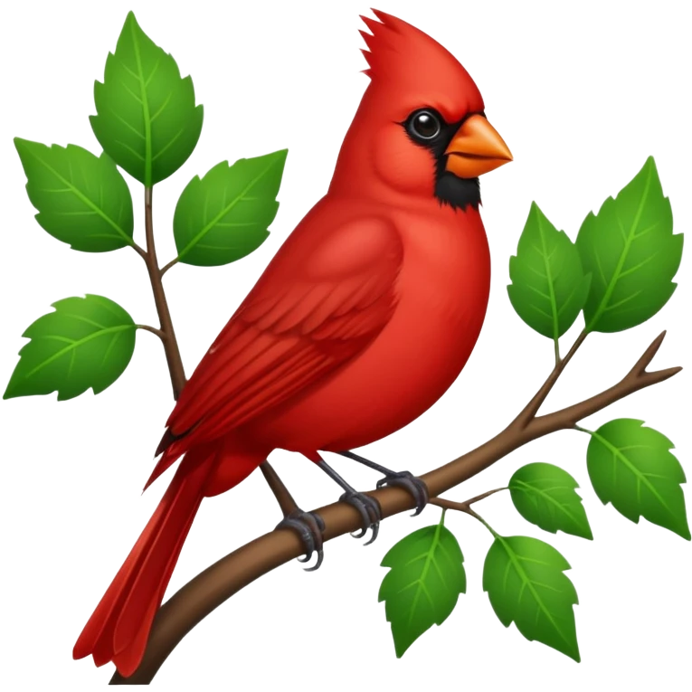 Ultra realistic detailed cite cardinal bird, on tree branch with green leaves emoji