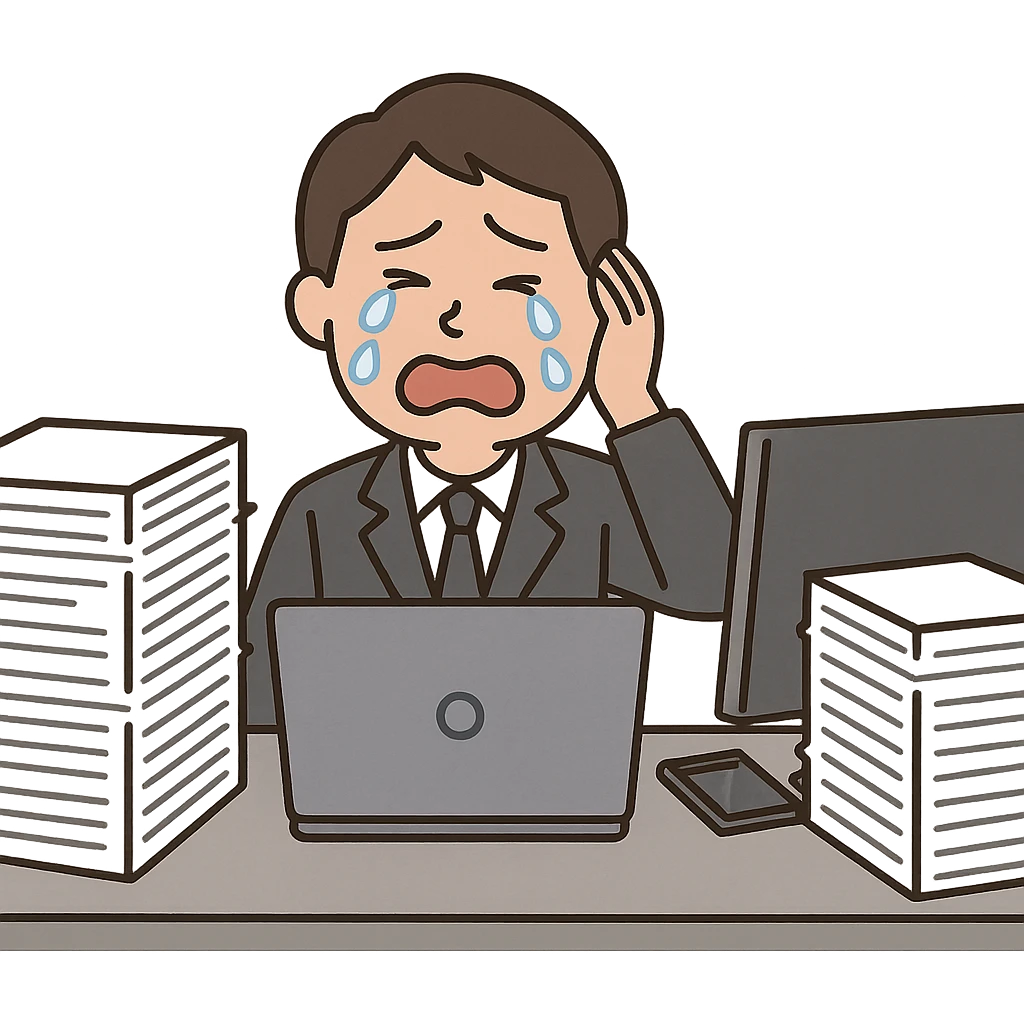 businessperson overwhelmed with work, crying at workstation, piles of documents, digital workspace, emotional expression emoji