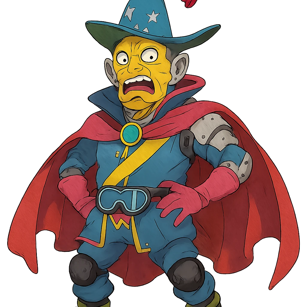 yellow guy with even more extravagant outfit, more dramatic mix of prince, alien, terminator, skater, skiier, and wizard, making a weird face, stylish and fabulous, ghibli style emoji