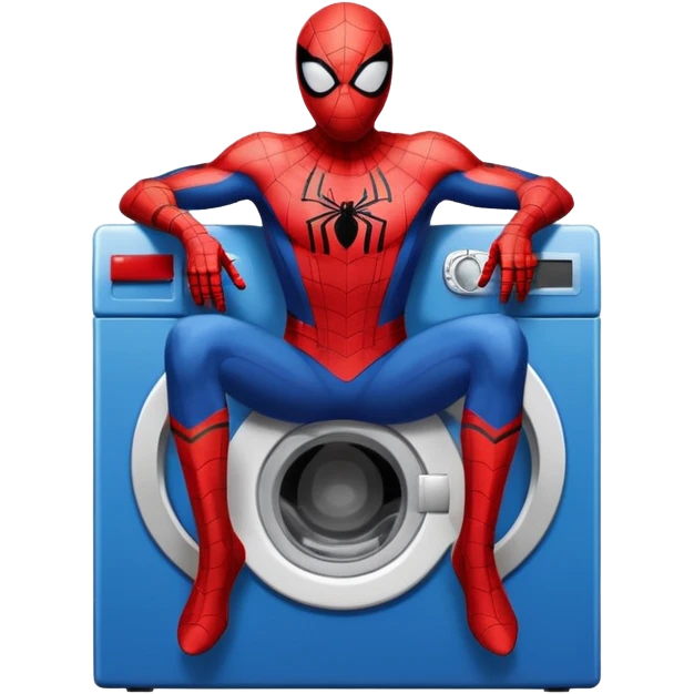 Die-cut sticker of Spider-Man sitting on a washing machine, bold vector art, thick white border, isolated on white background.with 4k resolution emoji