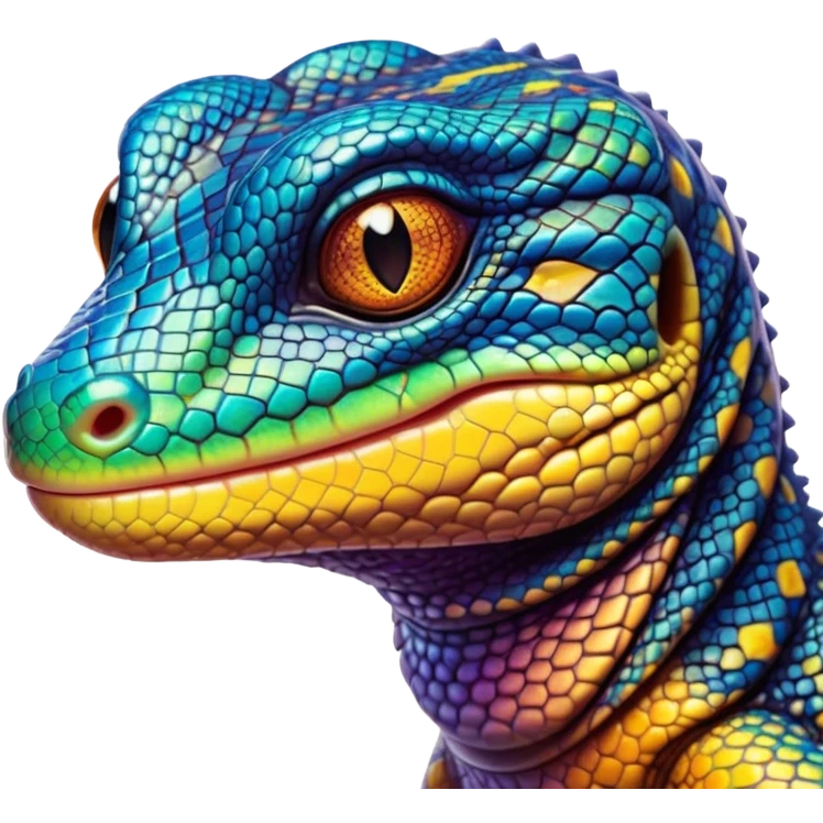 Cinematic Cute Monitor Lizard Portrait Emoji, Head tilted playfully and inquisitively, with a sleek, patterned body accented by vibrant hues and round, sparkling eyes full of wonder, Simplified yet irresistibly adorable features, highly detailed, glowing with a warm, friendly glow, high shine, affectionate and lively, stylized with a touch of exotic charm, bright and endearing, soft glowing outline, capturing the essence of a mischievous yet captivating lizard that seems as if it could scuttle out of the screen into your arms! emoji