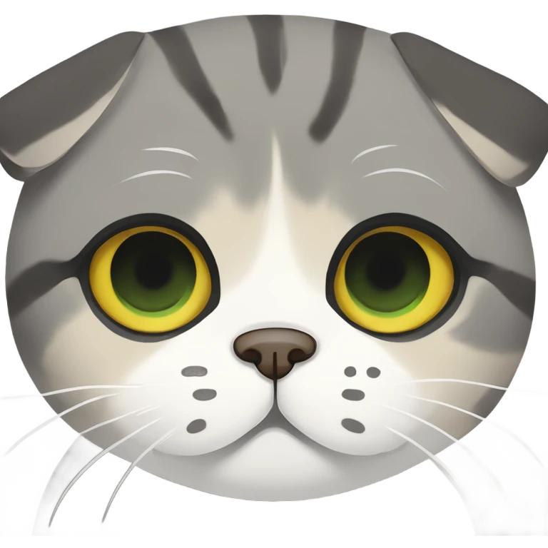 a Scottish Fold with a tri-color coat (gray, white, and beige), large round yellow-green eyes, a serious expression, and folded ears.  emoji