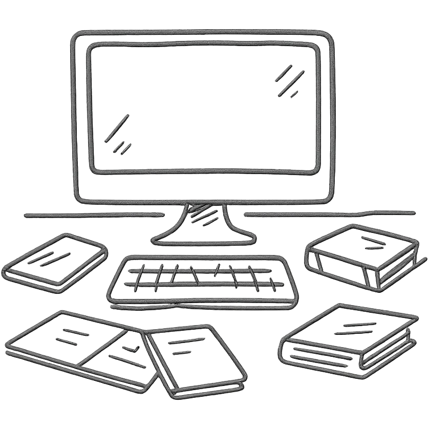 Computer on a desk with scattered books and notebooks emoji