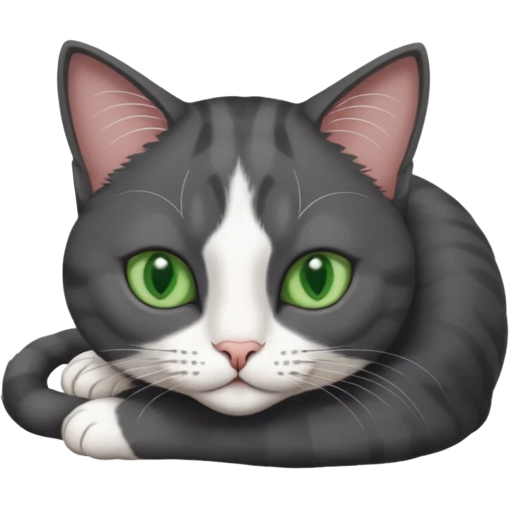 beautiful female solid dark grey cat with green eyes, white toes/paws and white patch on her chest lying down emoji