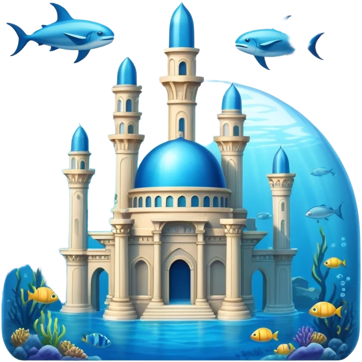 Simple Atlantis underwater city, basic dome buildings, small pillars, blue water emoji