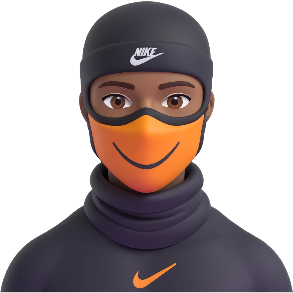 brown-skinned person wearing a Nike-branded ski mask with tattoos on face or neck, modern 3D emoji style emoji