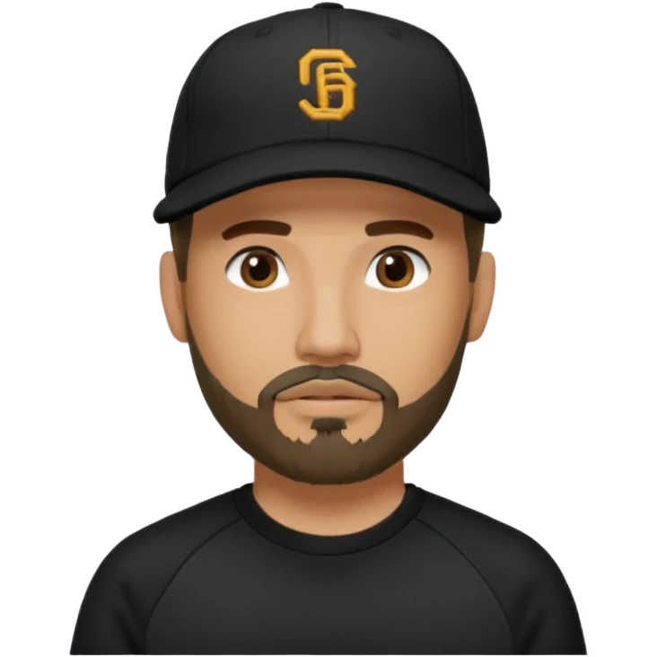 Hombre con la cara blureada, con barba fina y perilla, gorra negra de baseball bordada con un 08, y sudadera negra emoji