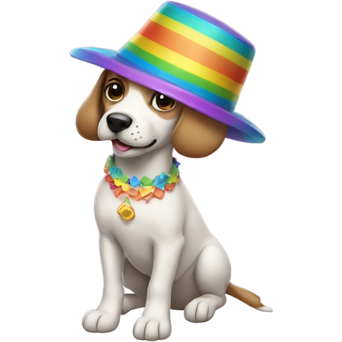 Dog swimming wearing a rainbow hat and dress emoji