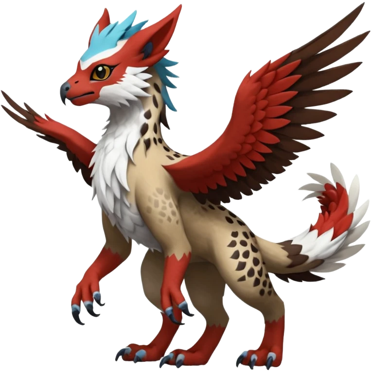 Winged hyper-realistic Feral Rare realistic edgy brown, white, red pretty beautiful handsome gorgeous aesthetic colorful vibrant Vernid-Trico-Silvally-Nargacuga-Gryphon-fusion-hybrid-species-Fakemon-creature by LiLaiRa, random markings, tufted ears, full body with snow-leopard-pattern-markings emoji