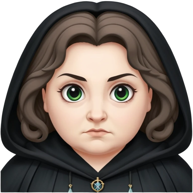Alecto Carrow in harry potter, a woman fat, knot tied hair, look evil, black cloak emoji