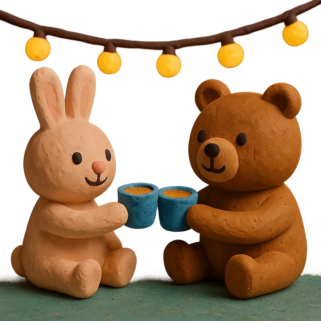 bunny and bear clinking juice cups under string lights emoji