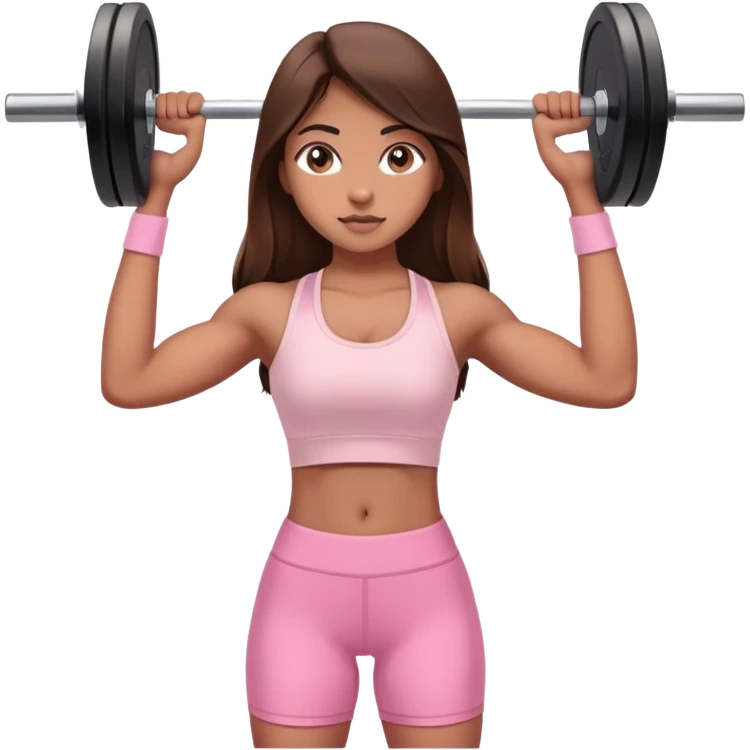 a north-east indian girl with long brown hair wearing a soft pink gym top lifting a barbell  emoji