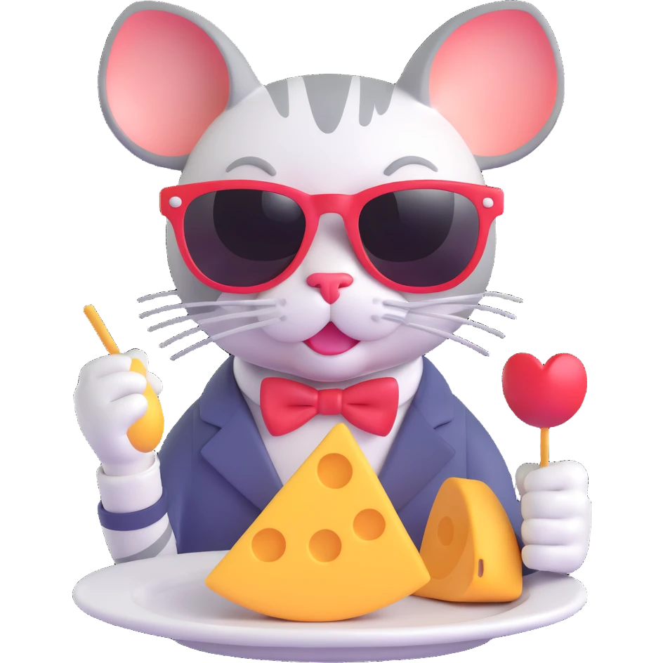 cool cat with sunglasses eating a mouse, 3D emoji style emoji