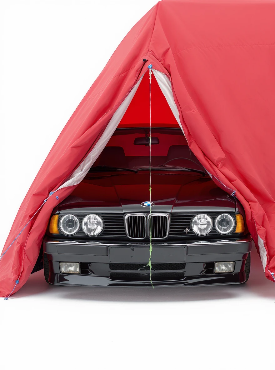 studio photo on a pure white background old black BMW E34 car is visible from under a red tent cover emoji