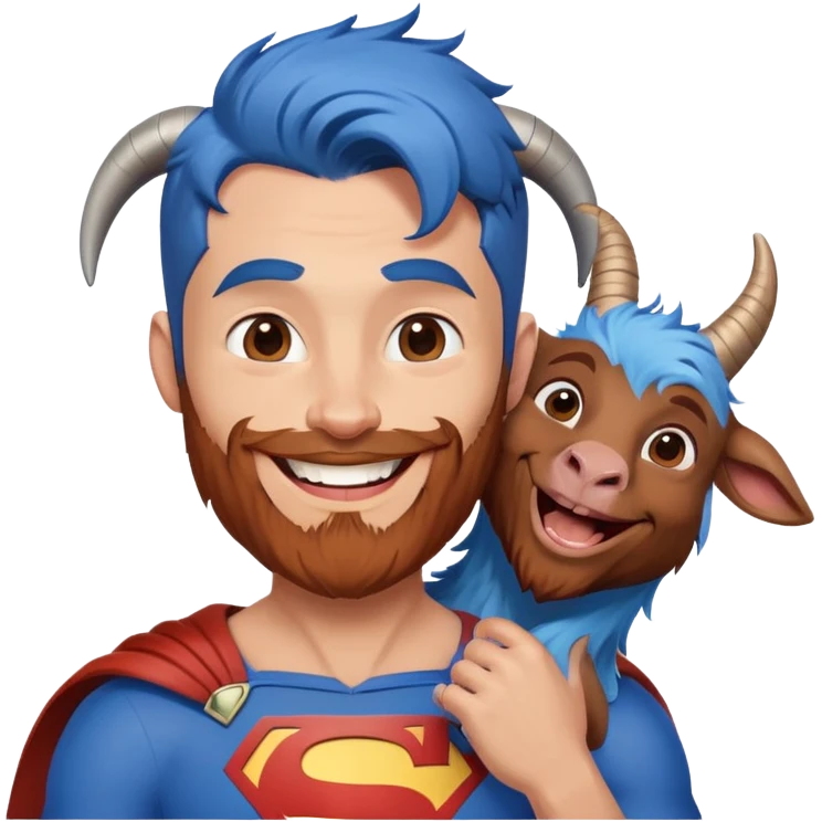 Adult Superman with redish brownish hair and full beard with his arm around a blue hair laughing goat emoji