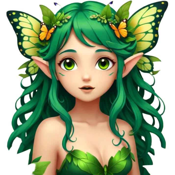 Cinematic Realistic Forest Nymph Fairy Portrait, head tilted playfully and inquisitively, showcasing a nature-inspired form with intricately detailed, sunlit tanned skin and cascading dark green hair interlaced with leaves and blossoms showing her large butterfly wings from her back. Her bright, curious eyes sparkle with forest mischief, rendered with lifelike clarity and warm, dappled lighting that captures the spirit of an enchanting woodland fairy ready to dance among the trees. emoji